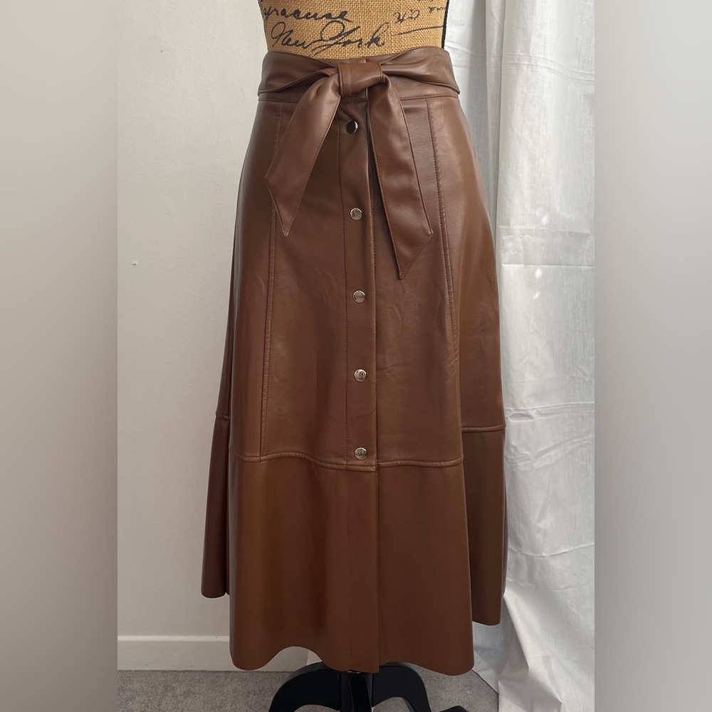 Nicole Miller Vegan Leather A-Line Midi Skirt Chocolate Brown Size S